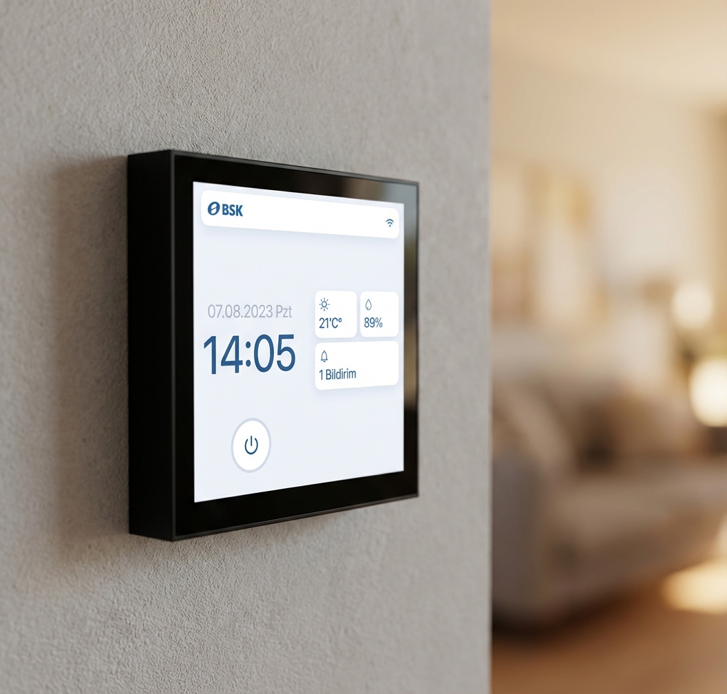 BSK Notus 4-inch touch display — wall-mounted controller showing temperature and humidity
