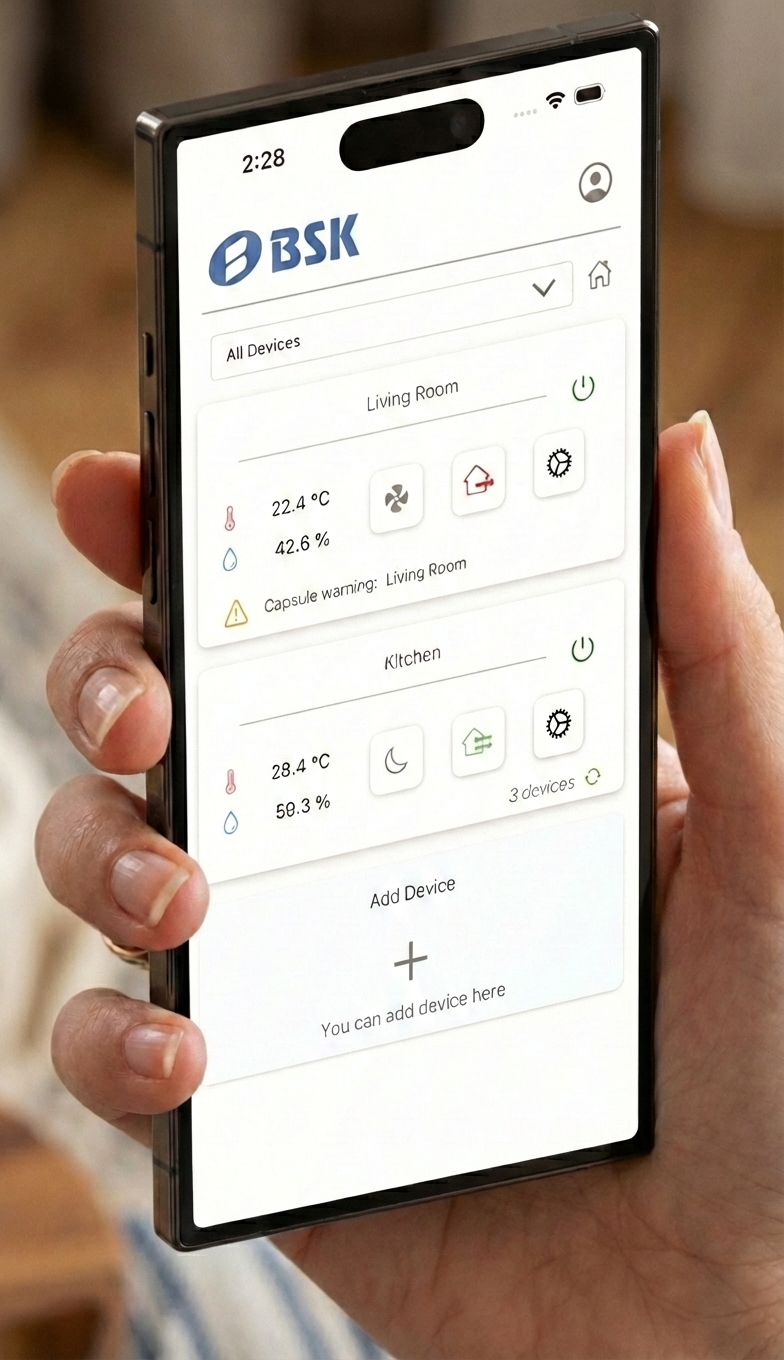 BSK Connect mobile app — smartphone control of BSK Notus heat recovery ventilation unit