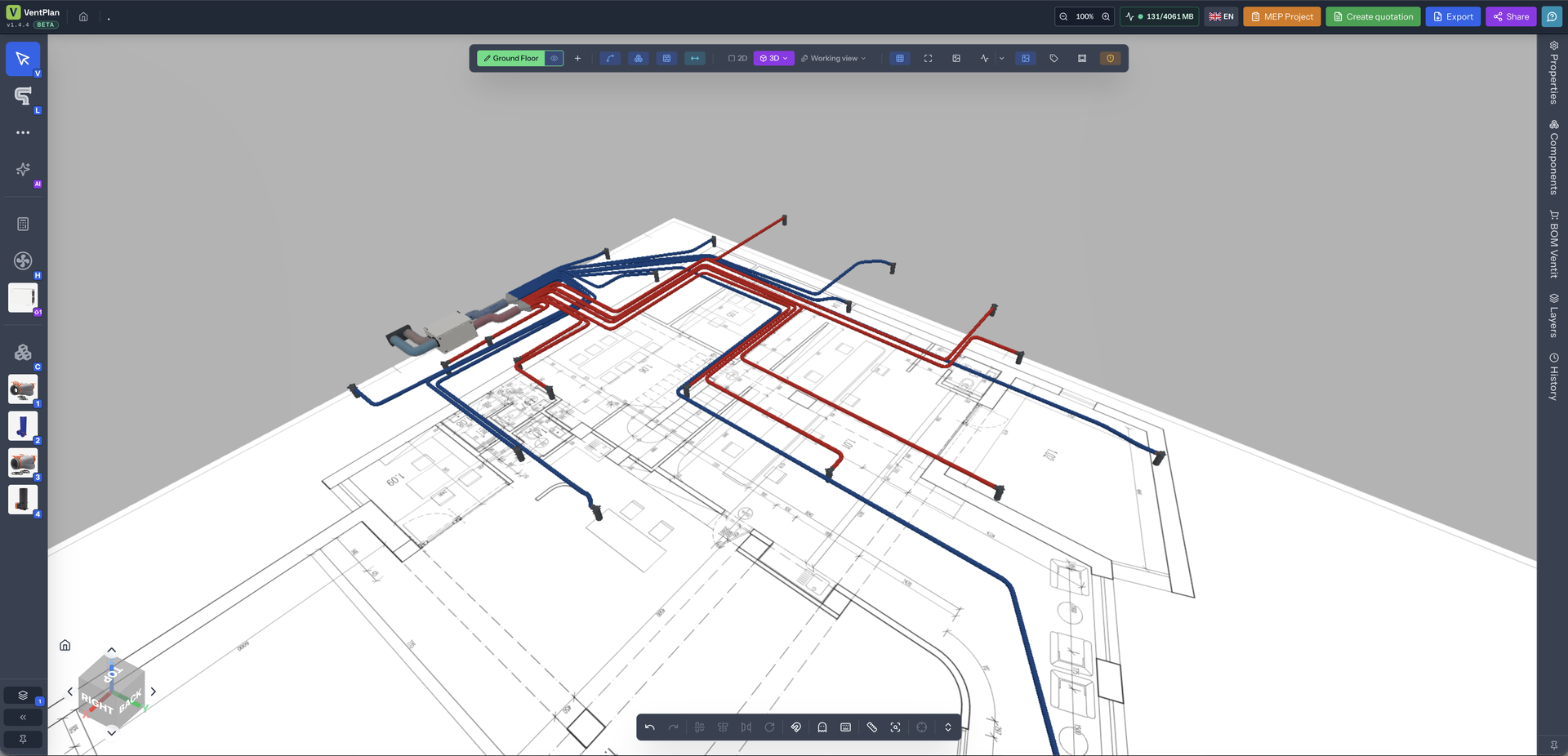 VentPlan v1.4.4 BETA workspace — 3D HVAC duct model with supply and extract air above the floor plan; Properties, Components, BOM Ventit, Layers and History panels on the right