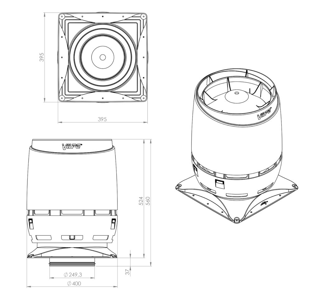 Vilpe Ventilation Head FLOW 250S + Mounting Plate 400x400