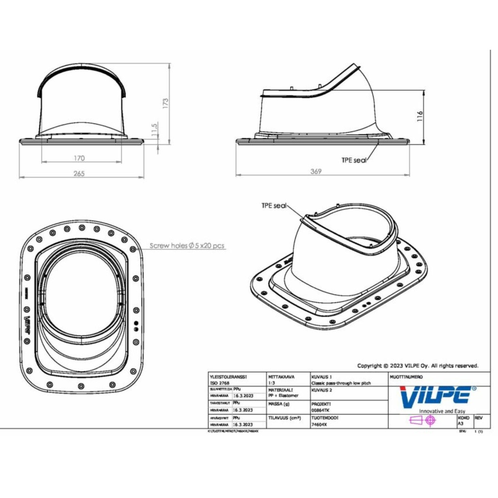 Vilpe Classic pass-through element for flat metal roof with low pitch